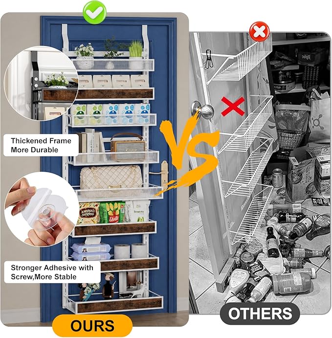 8 Tier Pantry Door Organizer Spice Rack, 2-IN-1 Wall Mount or Hanging Over Door Seasoning Organizer with Adjustable Baskets, Heavy Duty Behind Door Storage Shelves for Pantry, Cabinet and Kitchen