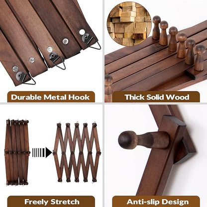 SCUNDA Hat Rack for Wall, Expandable Wall Hat Holder with 16 Hooks, 16 inch Wooden Wall Hook for Baseball Caps,Cowboy, Bag,Hoodie(Brown)