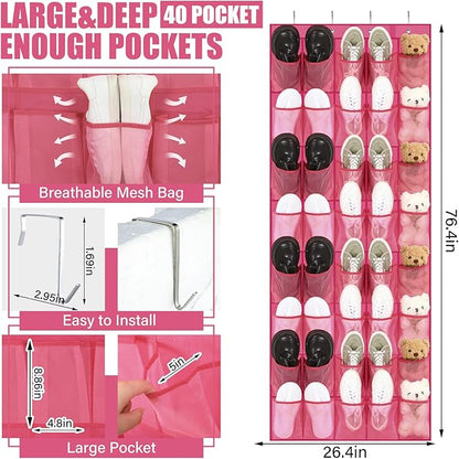 Windyun 40 Over the Door Shoe Organizer Large Mesh Pocket Hanging Shoe Rack for Closet Rose Red Nonslip Behind Door Storage Holder Back to School Organizer for Dorm Room College Classroom Storage