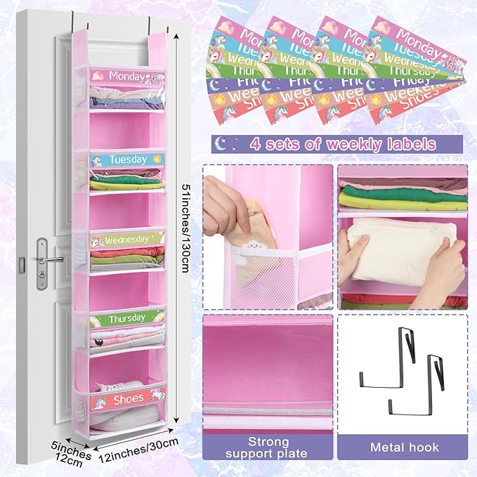 Pink Blue 2 Pack 5 Shelf Weekly Clothes Organizer for Kids Over the Door Hanging Storage Monday through Friday Heavy Duty Clothes Organization for Bathroom Nursery Bathroom Kitchen