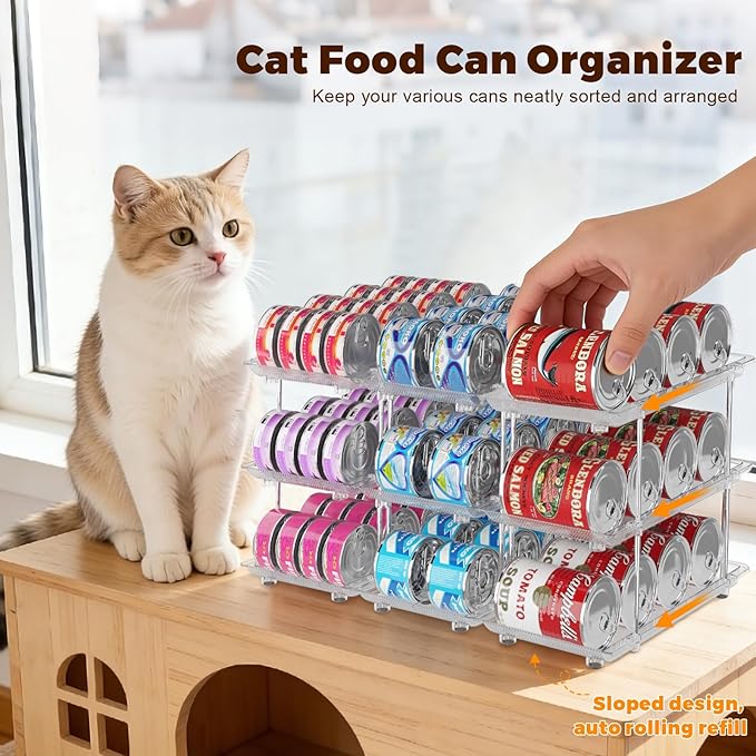 Cat Food Can Organizer, Modular 3-Tier Adjustable Can Organizer for Pantry, Soup Cans and 3oz & 5oz Canned Goods Storage, Clear Can Holder for Pantry and Fridge