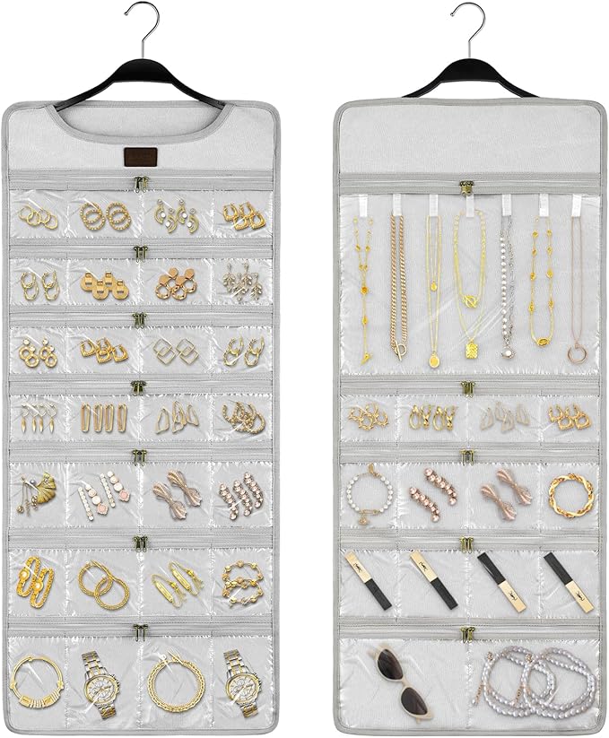 SMRITI Hanging Jewelry Organizer with Dual Zippered Pockets Canvas Double Sided Rotating Hanger Necklace Hanging Wall Organizer Earring Dustproof Holder Wall Mount Accessories Display Bag(Light Grey)