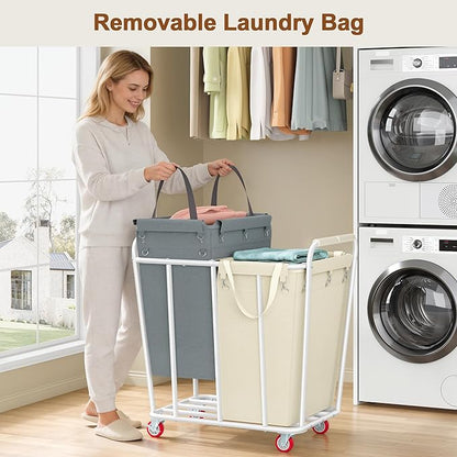 Hoctieon 2 Section Laundry Sorter Cart, 400L Rolling Hamper with Wheels, Industrial Laundry Basket Organizer, Extra Large Dirty Clothes Hamper for Home & Hotel, Heavy Duty, Gray+Beige