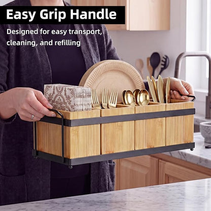 Silverware Holder for Party, Utensil Caddy with 5 Removable Bins, Bamboo Holder for Organize Plastic Silverware, 7" to 10" Paper Plates, Napkins