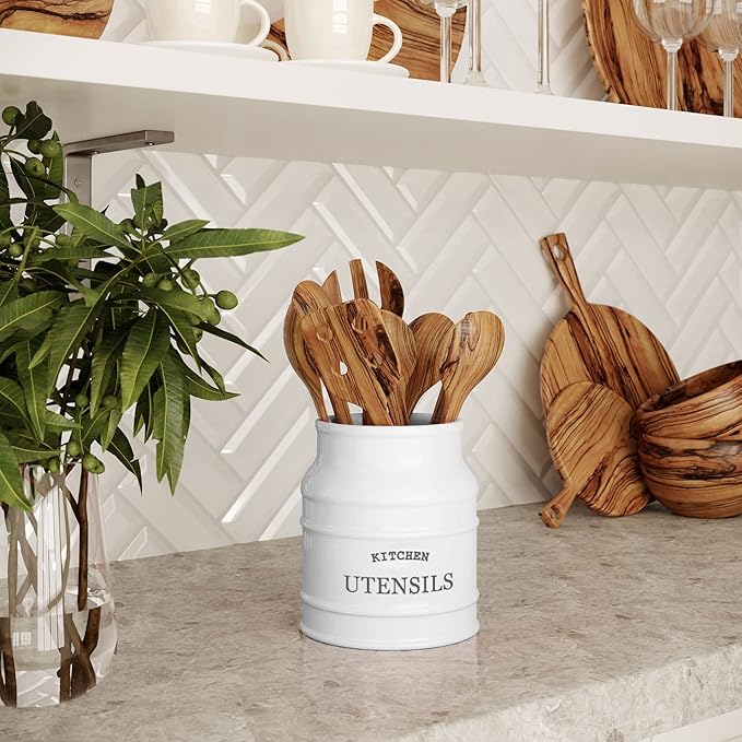 Barnyard Designs Ceramic Farmhouse Utensil Holder for Kitchen Counter, Large Rustic Utensil Crock, Countertop Cooking Tool Spatula Organizer, 6.75” (White)