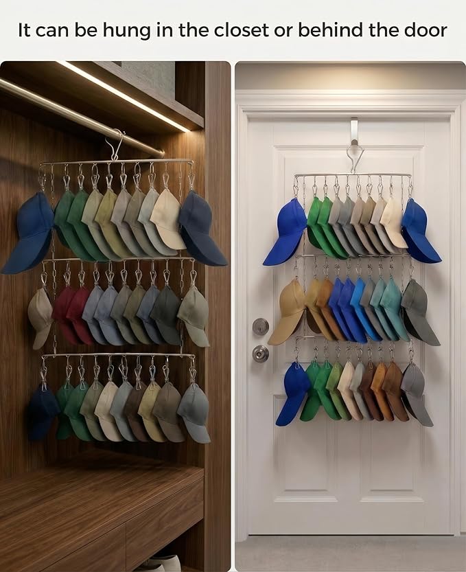 Closet Hat Organizer with 30 Clips, Foldable Hanging Storage Rack for Baseball Caps, Hat Rack