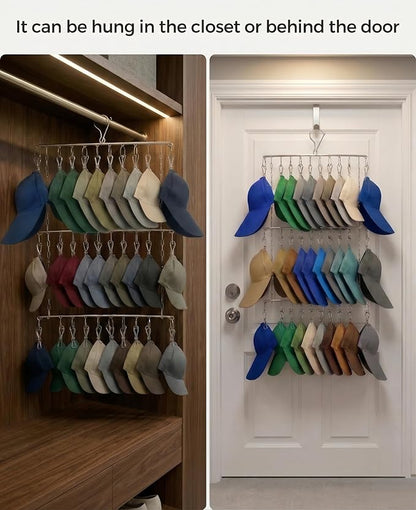 Closet Hat Organizer with 30 Clips, Foldable Hanging Storage Rack for Baseball Caps, Hat Rack