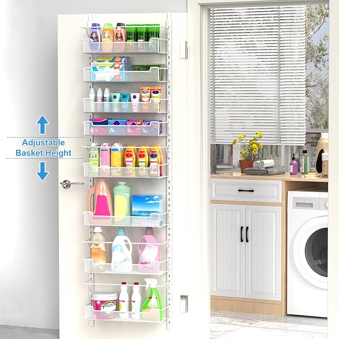 VyGrow Over the Door Pantry Organizer, 8-Tier Over the Door Organizer with Adjustable Basket, Pantry Door Organization for Pantry Kitchen Storage Room Spice Rack, White