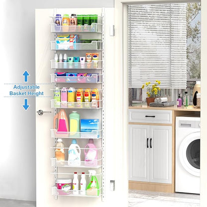 VyGrow Over the Door Pantry Organizer, 8-Tier Over the Door Organizer with Adjustable Basket, Pantry Door Organization for Pantry Kitchen Storage Room Spice Rack, White