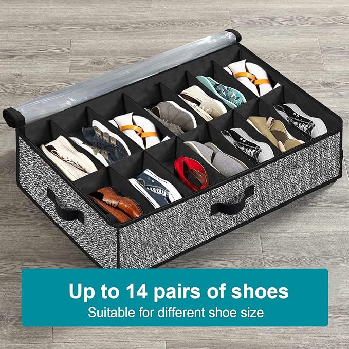 Under Bed Shoe Storage Organizer for Closet 2 Pack- Fits 28 Pairs Underbed Shoes Container Boxes with 2 Sturdy Handles and Clear Window Black