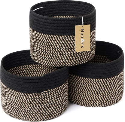 MiniArk Small Basket for Organizing | Cube Shelf Closet Storage Baskets | 9.7×9.7×7.1” | Woven Rope Gift Basket | Nursery | Round 3 Packs Black Brown