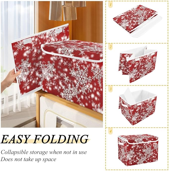 senya Christmas Baskets Collapsible Storage Bins with Lids, Christmas Background with Snowflakes Red Storage Boxes Clothes Baskets for Organizing