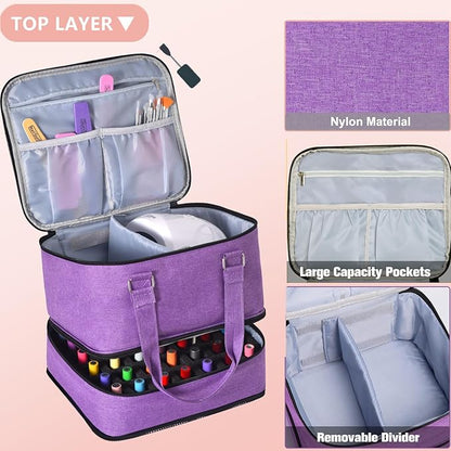 FCQQYWZ Large Nail Polish Organizer Case Hold 84+ Bottles Nail Polish & Nail Lamp, 3 Layers Nail Organizers and Storage for Nail Tech with Divider, Travel Carrying Case(Purple)