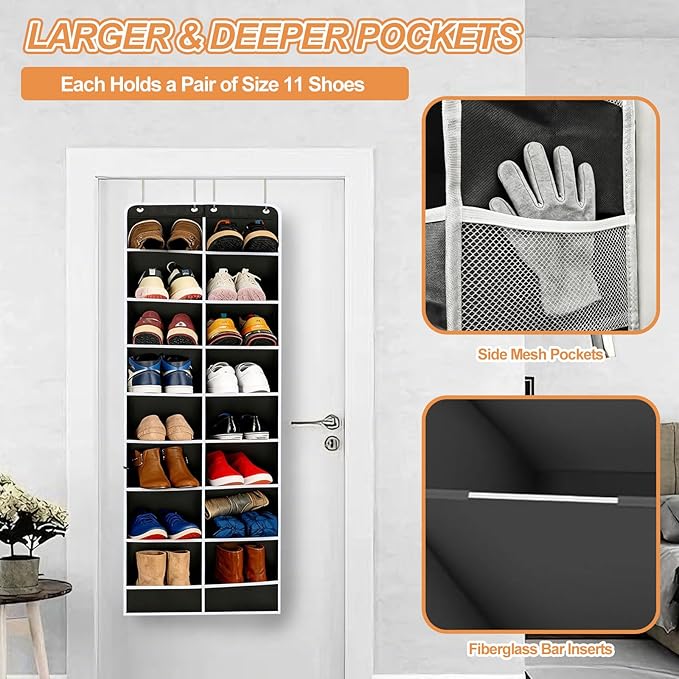 8-Layer Over The Door Shoe Organizer with 16 Compartments, Pockets Heavy-Duty Non-Woven Fabric Hanging Shoes Storage Rack,Hanging Shoe Rack Space Saving Shoe Storage for Bedroom Closet Bathroom