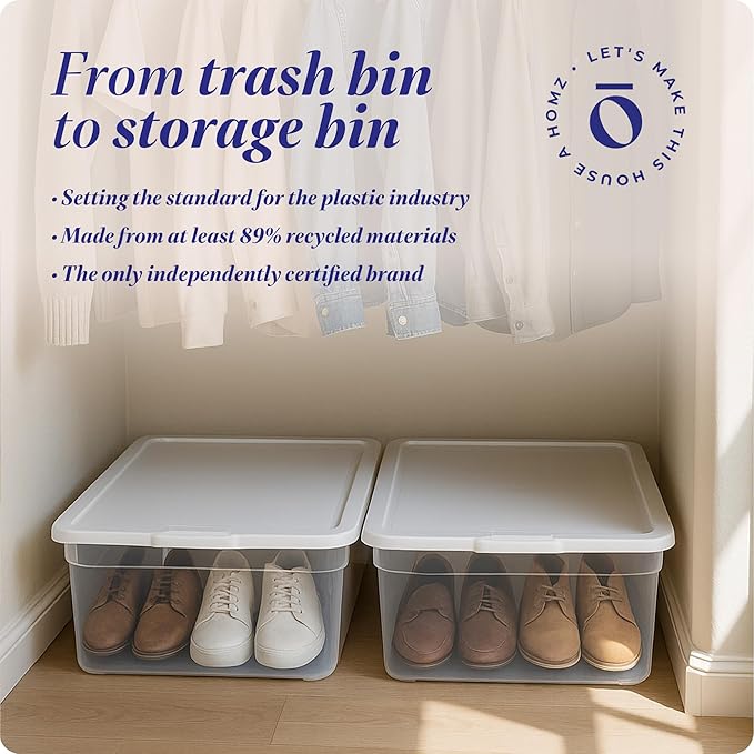 HOMZ 2-Pack Snaplock, Small Clear Plastic Storage Organizer Bins w/ Lids, 28 Quart, White - Stackable Container Boxes for Bedroom, Bathroom, Garage, and Office Organization