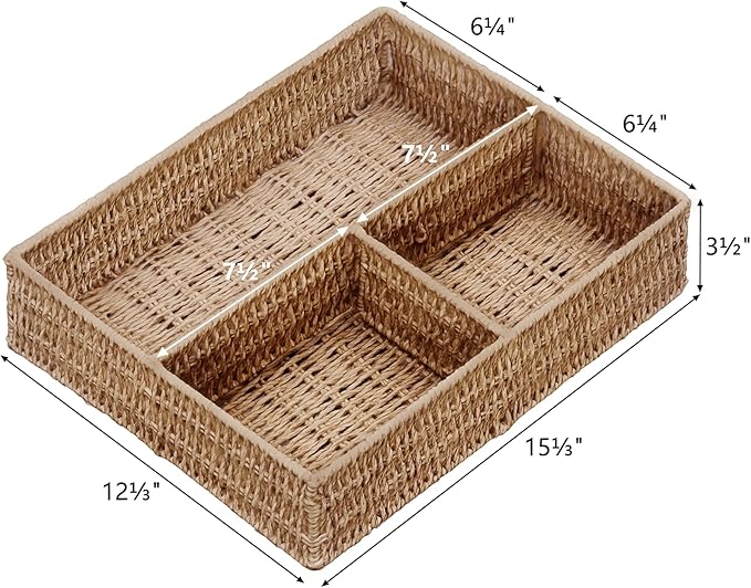 Vagusicc Wicker Divided Storage Basket, Wicker Baskets, Basket for Shelves Drawer Organizing, 3 Section Rectangular Woven Storage Baskets, 2-Pack, Natural