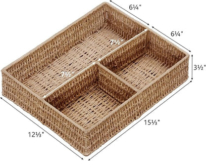Vagusicc Wicker Divided Storage Basket, Wicker Baskets, Basket for Shelves Drawer Organizing, 3 Section Rectangular Woven Storage Baskets, 2-Pack, Natural