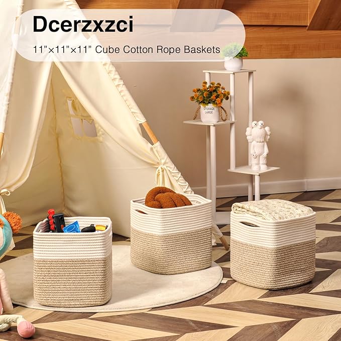 11 Inch Cube Storage Bins, 11x11 Organization Bins for Cube Organizer, Square Cloth Storage Cubes, Woven Storage Baskets for Shelves, Toy Baskets Storage Kids, Off White & Brown (Pack of 3)