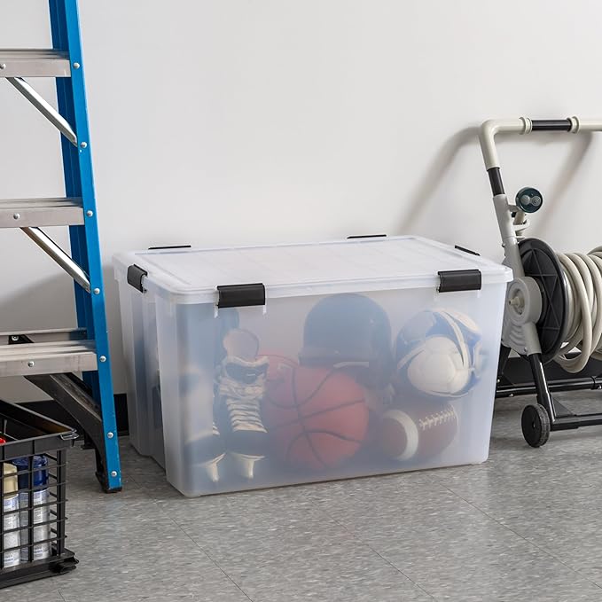 IRIS USA 156 Qt Storage Box with Gasket Seal Lid, BPA-Free, Made in USA - Heavy Duty Moving Containers with Tight Latch, Weather Proof Tote Bin, WEATHERPRO - Clear/Black