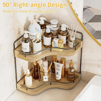 2-Tier Corner Bathroom Counter Organizer with Embedded Screw Holes, Secure & Stable Wood Vanity Shelf for Makeup and Skincare Essentials - Space Saving Bathroom Countertop Storage, ‎‎Light Walnut