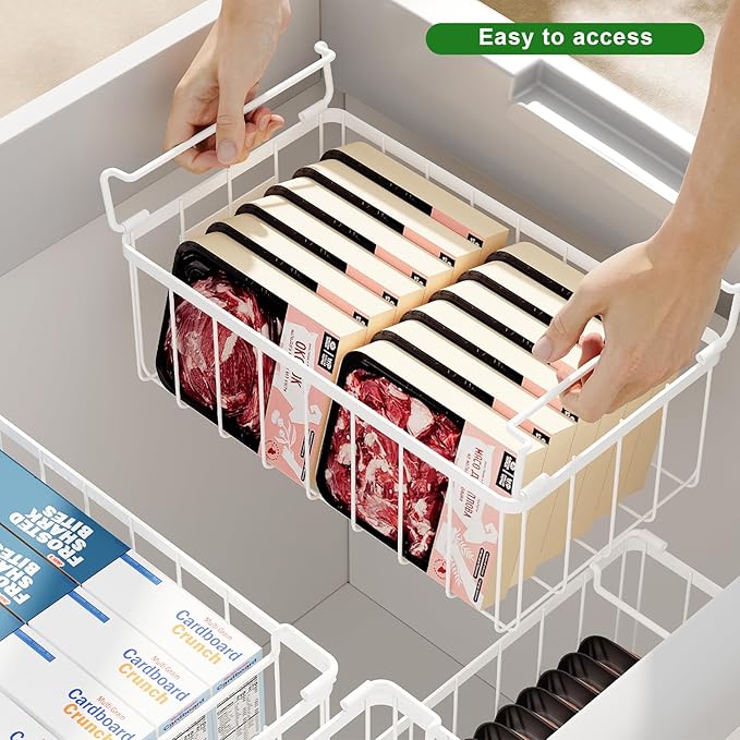 Freezer Storage Organize Baskets - 3 Pack Stackable Deep Freezer Organizer Bins for Most 7 Cu.FT Chest Freezer with Handles, Sturdy but Light, Metal Coated, Add Space, Easy to Reach