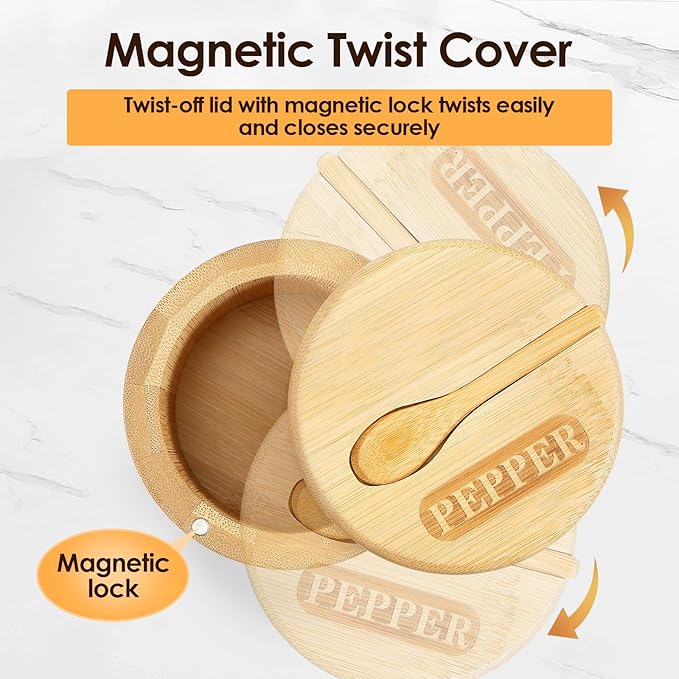 2 Layers Acacia Wood Salt and Pepper Bowl Salt and Pepper Storage Box Salt Container Salt Keeper with Built in Spoon and Magnetic Swivel Lid Dustproof Salt Holder for Kitchen Serving (Wood D)