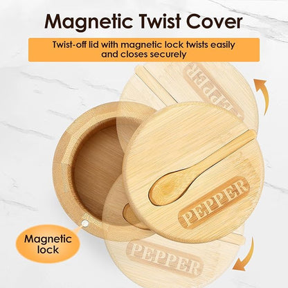 2 Layers Acacia Wood Salt and Pepper Bowl Salt and Pepper Storage Box Salt Container Salt Keeper with Built in Spoon and Magnetic Swivel Lid Dustproof Salt Holder for Kitchen Serving (Wood D)