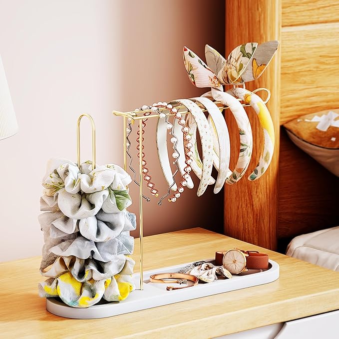 NiHome Headband Holder with Solid Pine Wood Base and Metal Rack, Large Capacity Hair Accessory Organizer for Headbands, Scrunchies, Bracelets, Watches, Glasses, Space-Saving Design for Vanity, Dresser