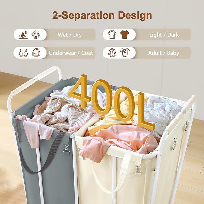 Hoctieon 2 Section Laundry Sorter Cart, 400L Rolling Hamper with Wheels, Industrial Laundry Basket Organizer, Extra Large Dirty Clothes Hamper for Home & Hotel, Heavy Duty, Gray+Beige