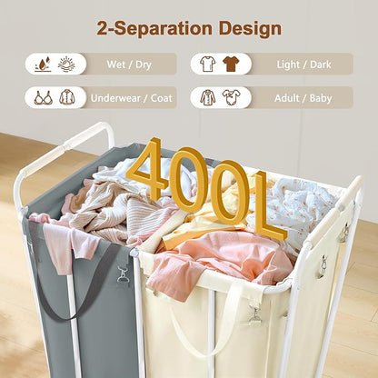 Hoctieon 2 Section Laundry Sorter Cart, 400L Rolling Hamper with Wheels, Industrial Laundry Basket Organizer, Extra Large Dirty Clothes Hamper for Home & Hotel, Heavy Duty, Gray+Beige