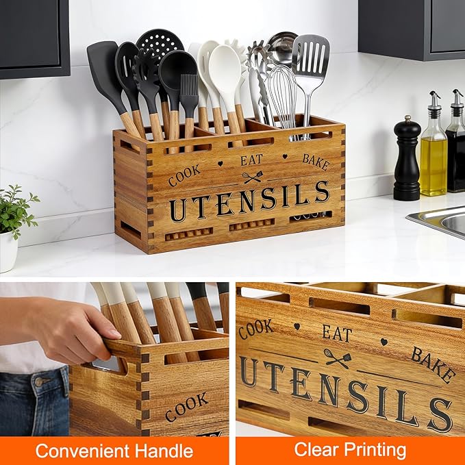Acacia Wood Extra Large Utensil Holder for Kitchen Counter Rustic Spatula Holder For Counter Top Organizer Kitchen Cooking Utensil Storage Countertop Silverware Caddy Wooden Spoon Kitchen Tools Holder