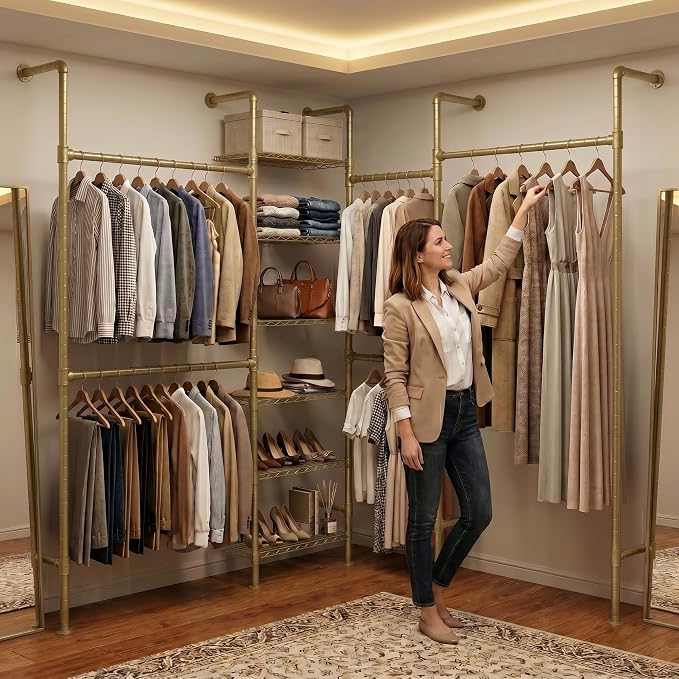 F4 Wall Mounted Closet System, Industrial Pipe Clothing Rack for Hanging Clothes, Heavy Duty Closet Organizer System, Clothes Racks with Shelves & Expandable Rod for Wardrobe, Corner, Gold