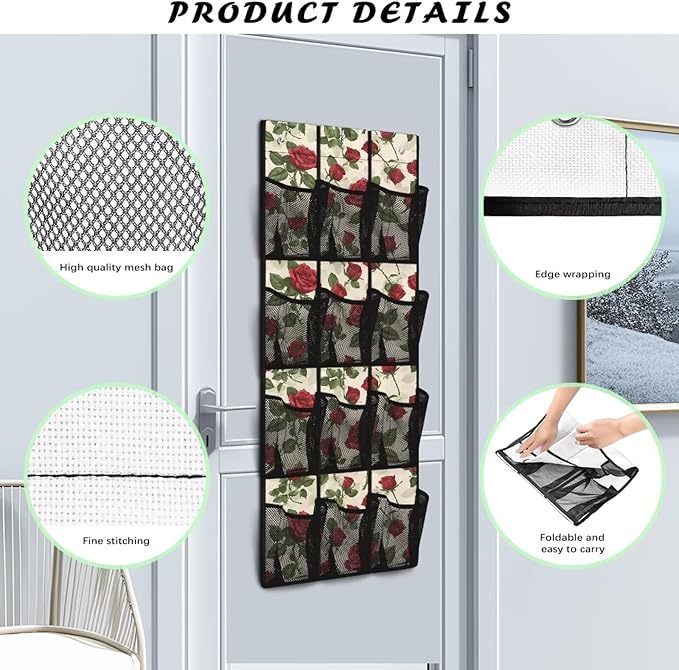 Rose Over the Door Shoe Organizer 12 Large Mesh Pockets Shoe Storage Organizer Sturdy Oxford Hanging Shoe Organizer for Closet