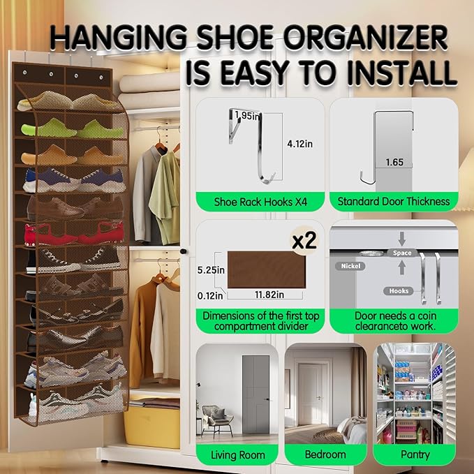Kotkn Over The Door Shoe Organizer with 12 Large Breathable Pockets - Durable Hanging Storage for the Entire Family's Shoes (Espresso)