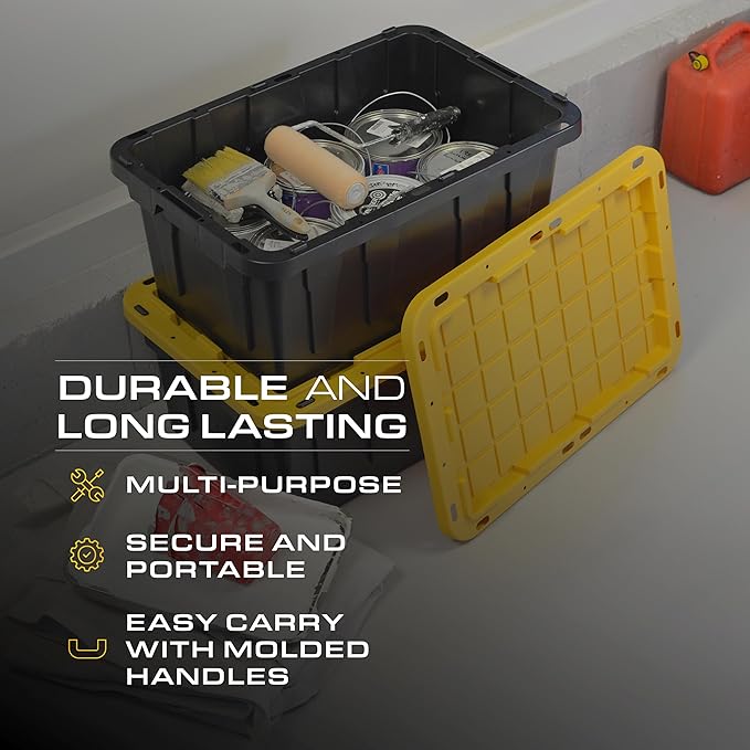 BLACK & YELLOW 17-Gallon Heavy Duty Storage Bins with Lids, Stackable Plastic Storage Bins with Weather-Resistant Design, Home Organization, 4 Pack (12.5H x 18W x 26.9D)