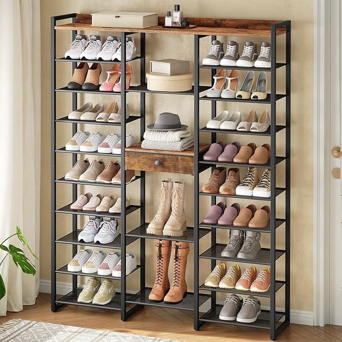 HOOBRO Shoe Rack, 10-Tier Large Capacity Shoe Storage Organizer with Metal Shelves, 63" H Shoe Shelf for Front Door Entrance, Closet, Holds 50-52 Pairs of Shoes, Rustic Brown