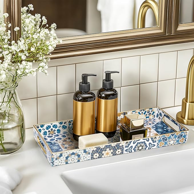 MAONAME Plastic Vanity Tray, Bathroom Counter Tray, Decorative Trays with Handles, Storage Dresser Trays Organizer for Toilet Tank, Jewelry, Makeup, 13.8" x 6" x 1.57"