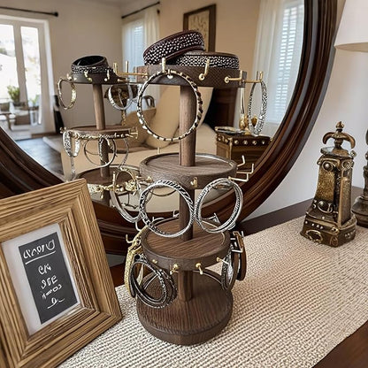 Lolalet 4 Tier Bracelet Holder, Wooden Rotating Bangle Display Stand with 42 Hooks and Tray Base, 360 Degrees Rotatable Rustic Tree Storage for Bracelets Key Chains Small Accessories -White