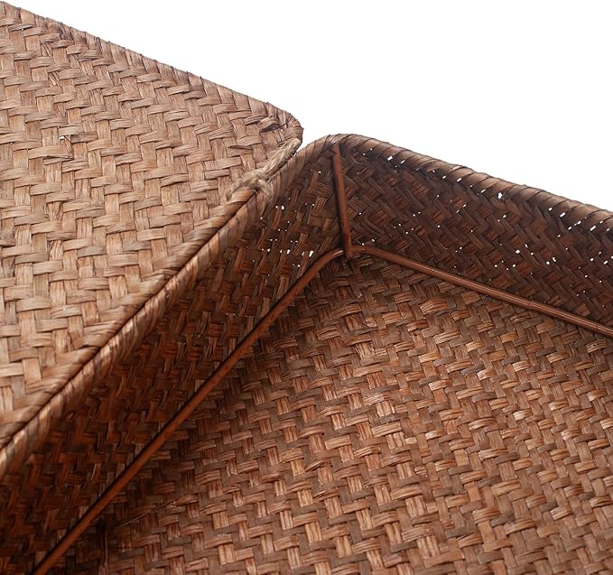 Seagrass Storage Basket Bins with Lid Rectangular Woven Shelf Baskets for Organize Snack Toys Set of 2 (Large+Small) (Coffee)