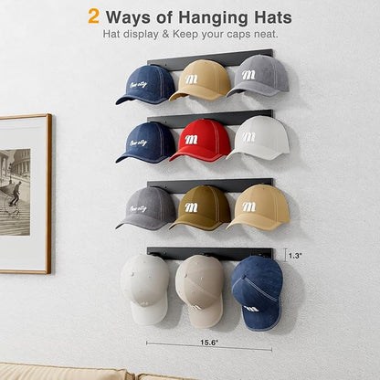 MISSLO Hat Rack for Wall with 2-way Display Hat Hooks for Wall Hanger 4 Pack Holds 24 Baseball Cap Holder Organizer for Closet, Wall Mounted, Bedroom Storage
