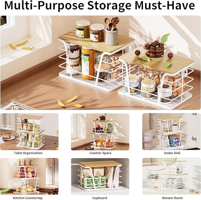 TIDIIABODE 2 Pack Kitchen Organization for Onions,Potatoes - Fruit Basket for Kitchen Counter & Storage Basket,Stackable Storage Bins with Bamboo Top & Lightweight PP Mat,White