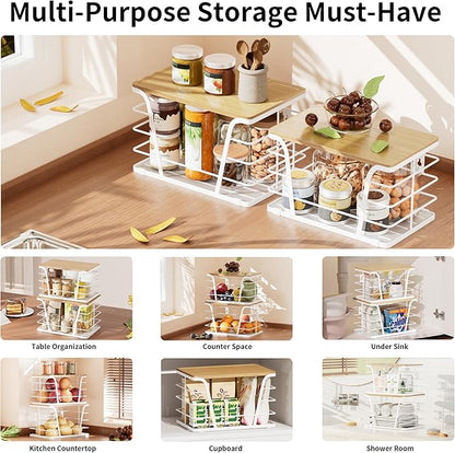 TIDIIABODE 2 Pack Kitchen Organization for Onions,Potatoes - Fruit Basket for Kitchen Counter & Storage Basket,Stackable Storage Bins with Bamboo Top & Lightweight PP Mat,White