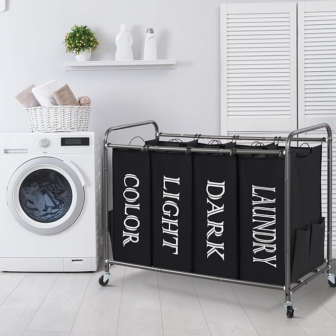 STORAGE MANIAC Laundry Sorter 4 Section, 47.8 Gal (181 L) Laundry Hamper with Wheels, Clothes Divider Basket Sorter, Clothes Separator Hamper Cart with Wheels and Removable Bags, Label Black