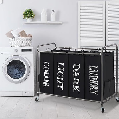 STORAGE MANIAC Laundry Sorter 4 Section, 47.8 Gal (181 L) Laundry Hamper with Wheels, Clothes Divider Basket Sorter, Clothes Separator Hamper Cart with Wheels and Removable Bags, Label Black