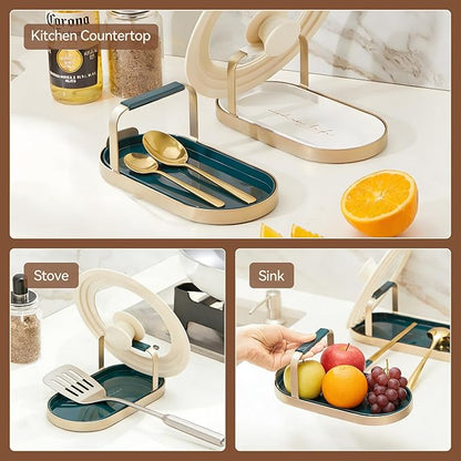 Pot Lid Holder While Cooking, Detachable Drip Tray Design Kitchen Pot Lid and Spoon Holder, Lid Holder for Pots and Pans, Space-Saving Organizer for Countertop & Stovetop (Dark Green)