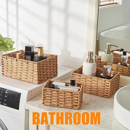 Small Wicker Basket for Organizing, Woven Storage Basket Set of 3 - Handwoven Natural Paper Rope Baskets to Declutter Any Room, Perfect for Organizing and Home Decor
