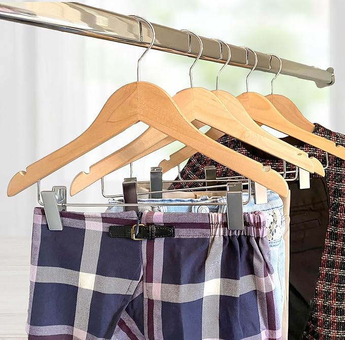 Kids Hangers with Metal Clips Pant Bar 4T-10 (Natural Wood)
