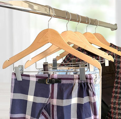Kids Hangers with Metal Clips Pant Bar 4T-10 (Natural Wood)