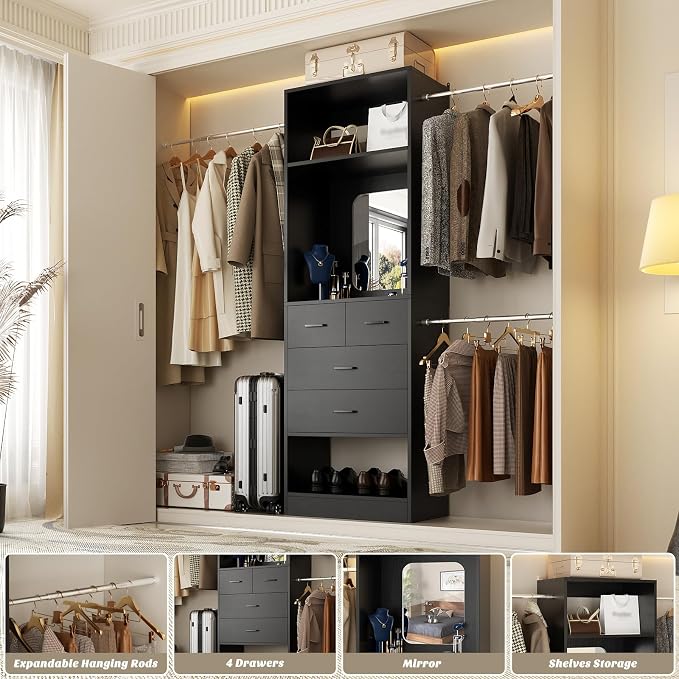 Unikito 96” W Closet Systems, Adjustable 8FT Walk in Closet Organizer Starter Kit with 25” Tower and 3 Hanging Rods, Sturdy Garment Rack with 4 Drawers and Mirror, Black