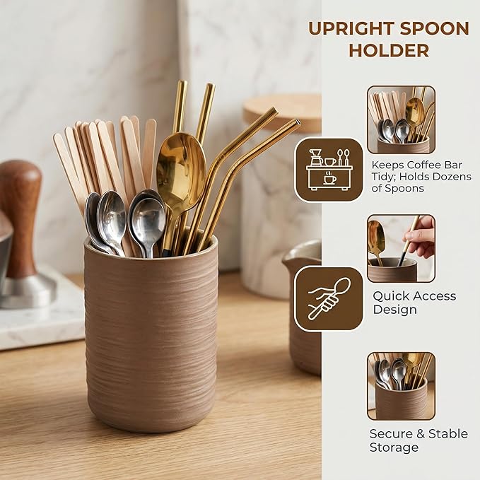 Ceramic Spoon Holder for Coffee Bar, Upright Tea Spoon Holder Cup, Coffee Stirrers Straws Stir Stick Holder, Coarse Pottery Silk Stripe